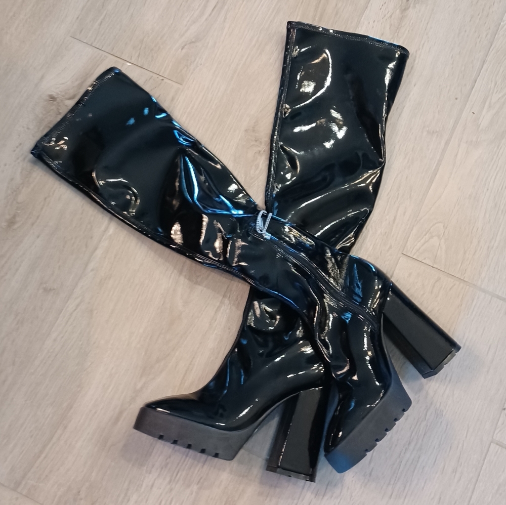 New Schutz Black Darlyn Patent Leather OTK Platform Boots 9.5 Cosplay Black - Picture 5 of 16